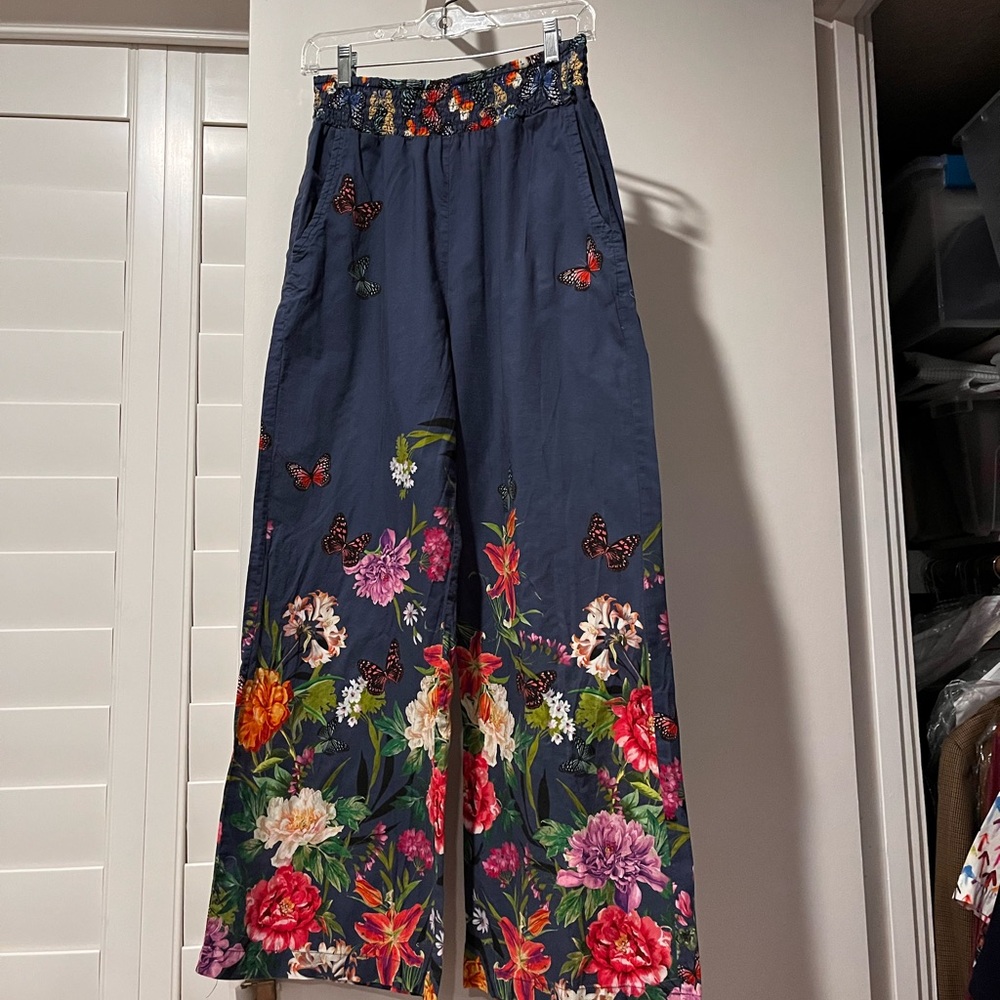 Johnny Was Panya High Waist Wide Leg Navy Floral  Pants
